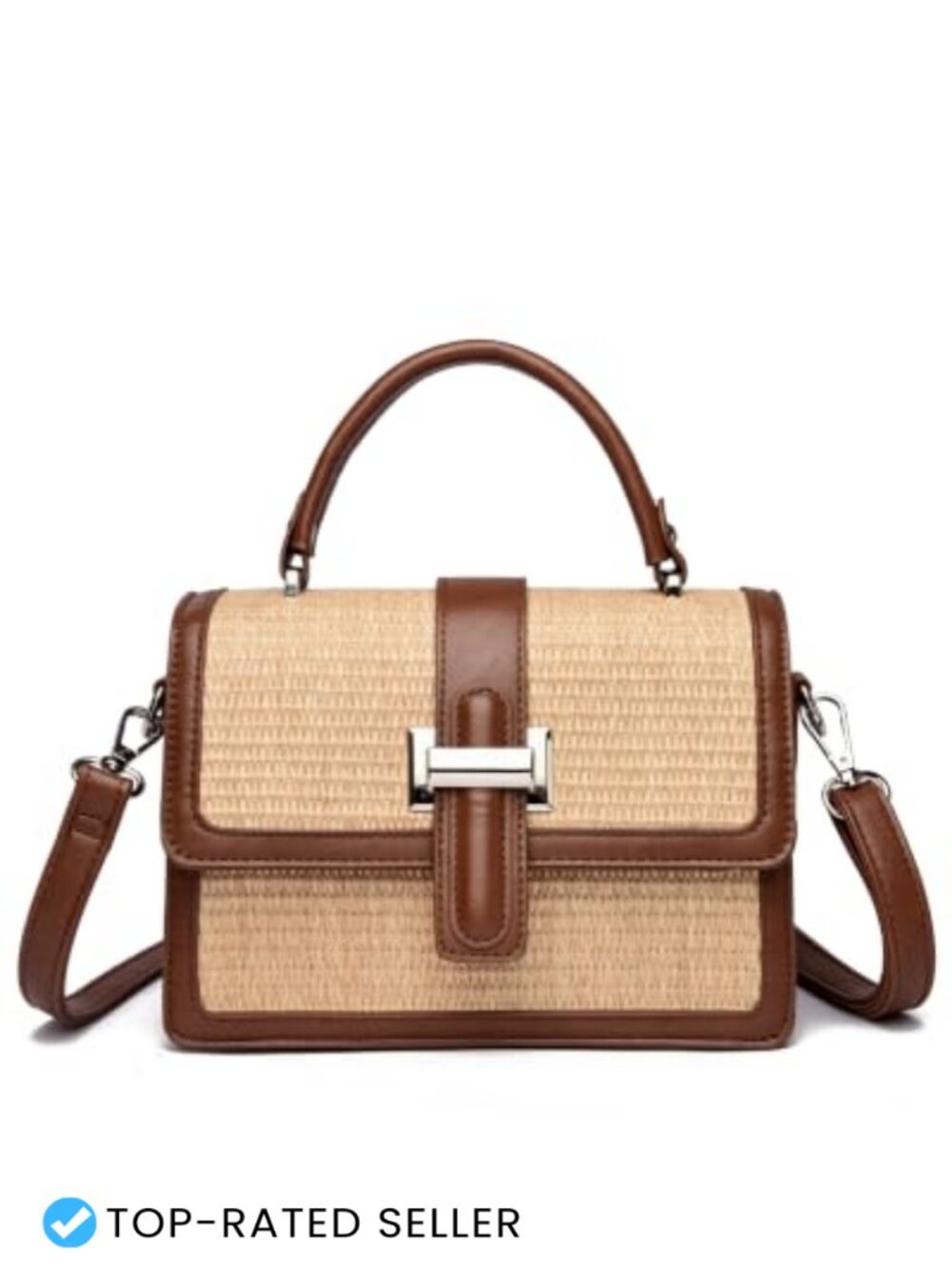 Woven Straw Crossbody Bag Top Handle Small Purse Vegan Leather